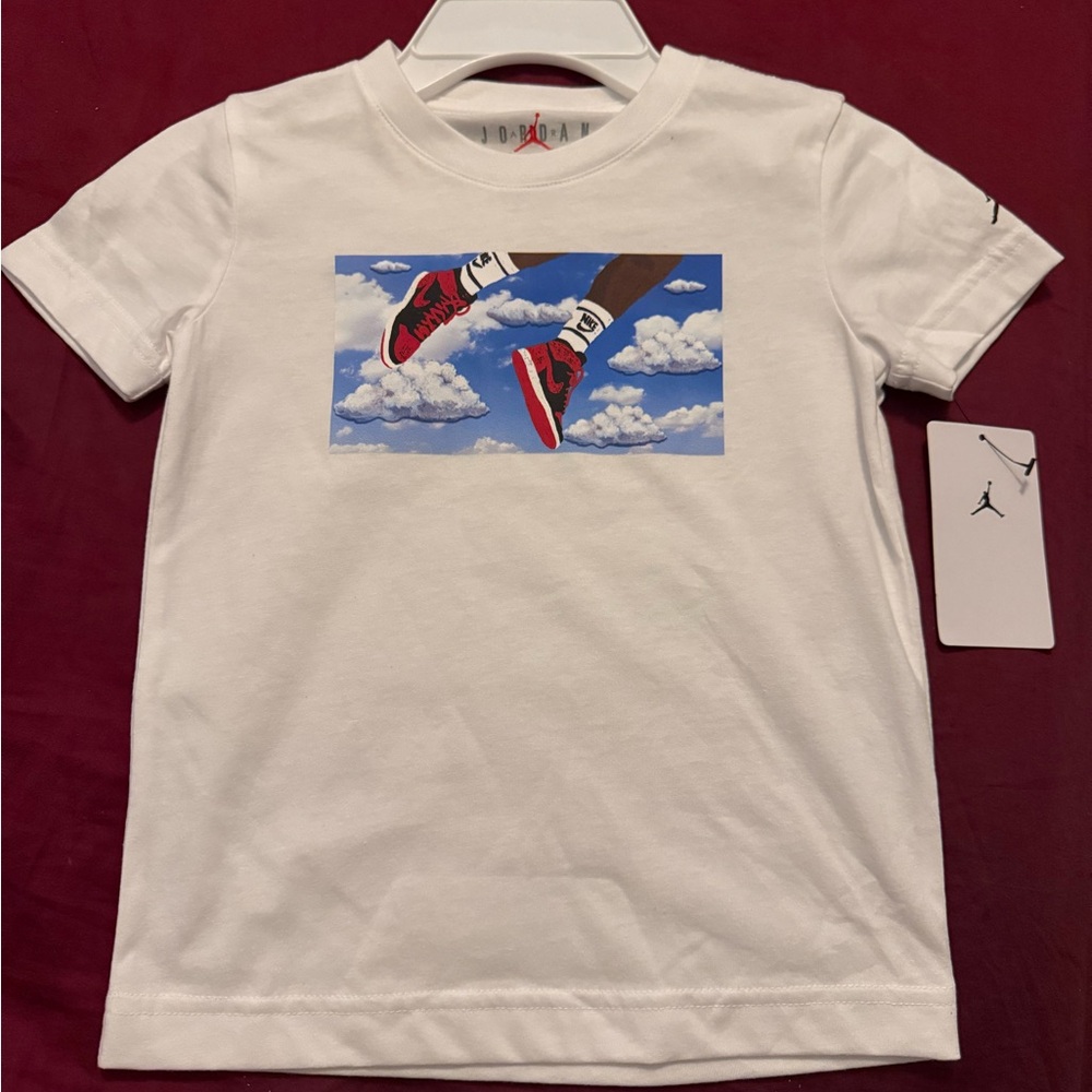 Jordan White Kids T-Shirt with Red and Black Sneaker Graphic